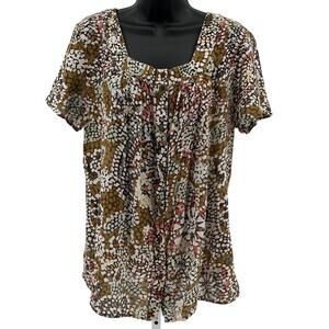 Lemon Grass Studio Blouse WMNS L Button Up Square Neck Floral/Geo Top Brown/Teal